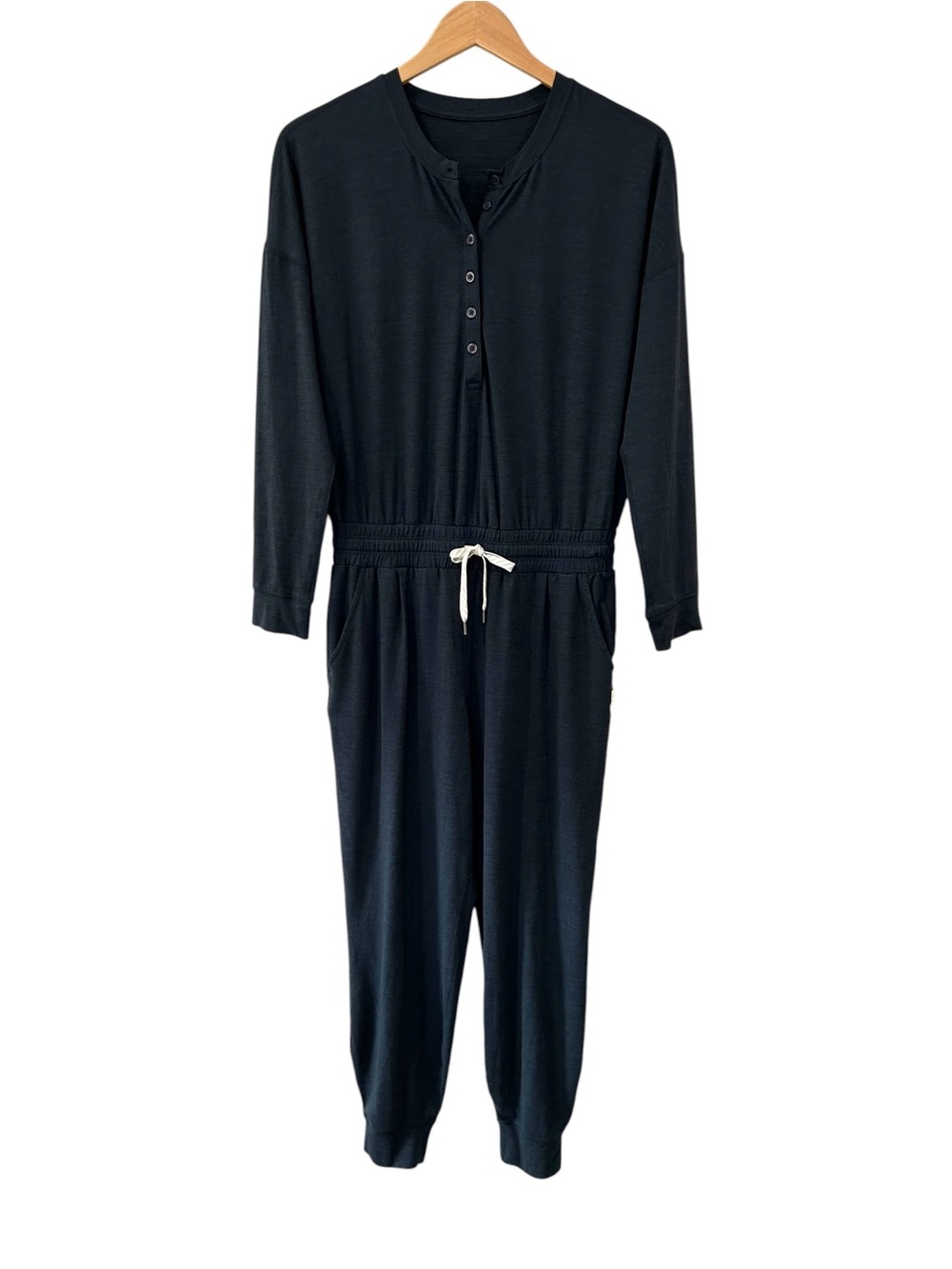 Vuori women’s Lux Henley Jumpsuit S blue heather comfy pockets lounge
